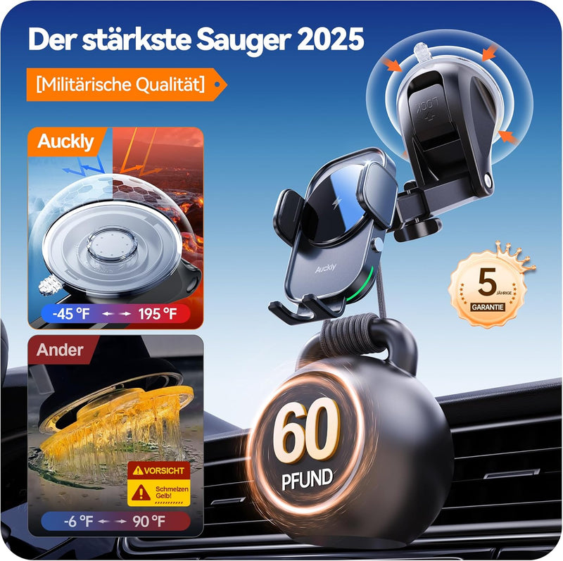 Auckly Handyhalterung Auto mit Ladefunktion, 【60W PD+QC+Sauger+Clip】 Qi 15W Fast Wireless Charger Au