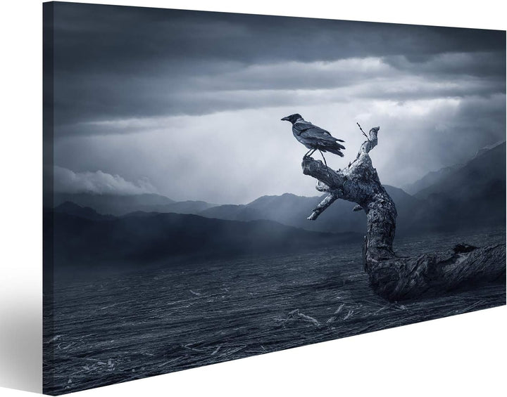 Bild Bilder auf Leinwand Schwarzer Rabe im Mondschein hockte auf Baum. Gruselig, gruselig, gotische