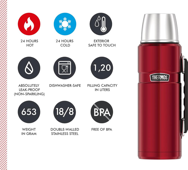 Thermos Stainless King Thermosflasche rot 1,20l - Edelstahl, absolut dicht, mit Trinkbecher und Grif