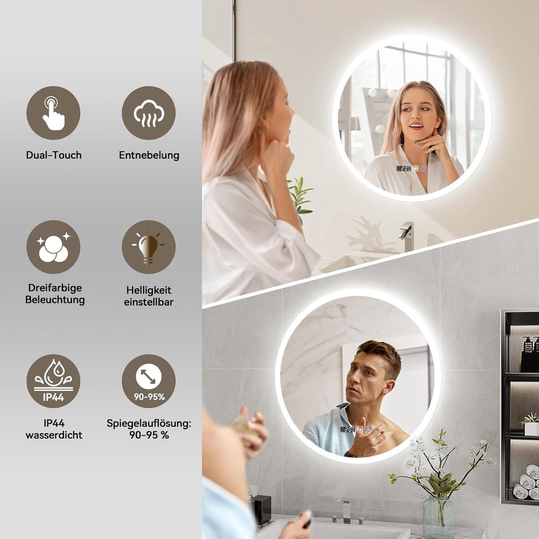 YOURLITE LED Spiegel Bad mit Beleuchtung 60cm Rund,Badspiegel mit Beleuchtung,Touch-Schalter,3 Licht