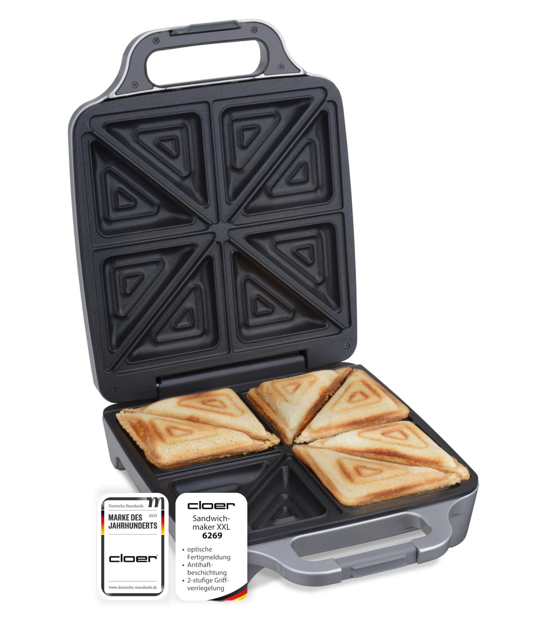 Cloer 6269 Sandwichmaker XXL / 1800 W / für 4 Sandwiches / American Toast / XXL-Füllung / optische F