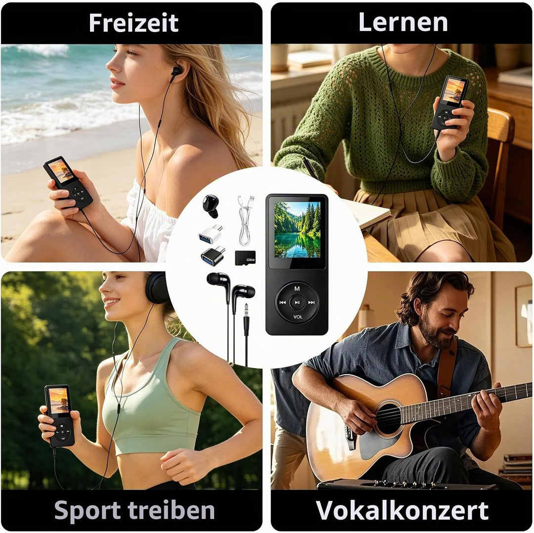 MP3 Player Bluetooth 5.3 128GB mit Lautsprecher, HiFi Musikplayer Tragbar 70H Akku, MP3 Player Sport