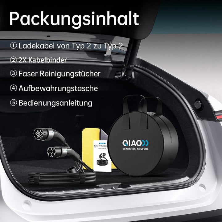 QIAO Elektrofahrzeug-Ladekabel Typ 2, 11kW 5M 16A 3-phasig, IEC 62196 Ladekabel für Elektrofahrzeuge