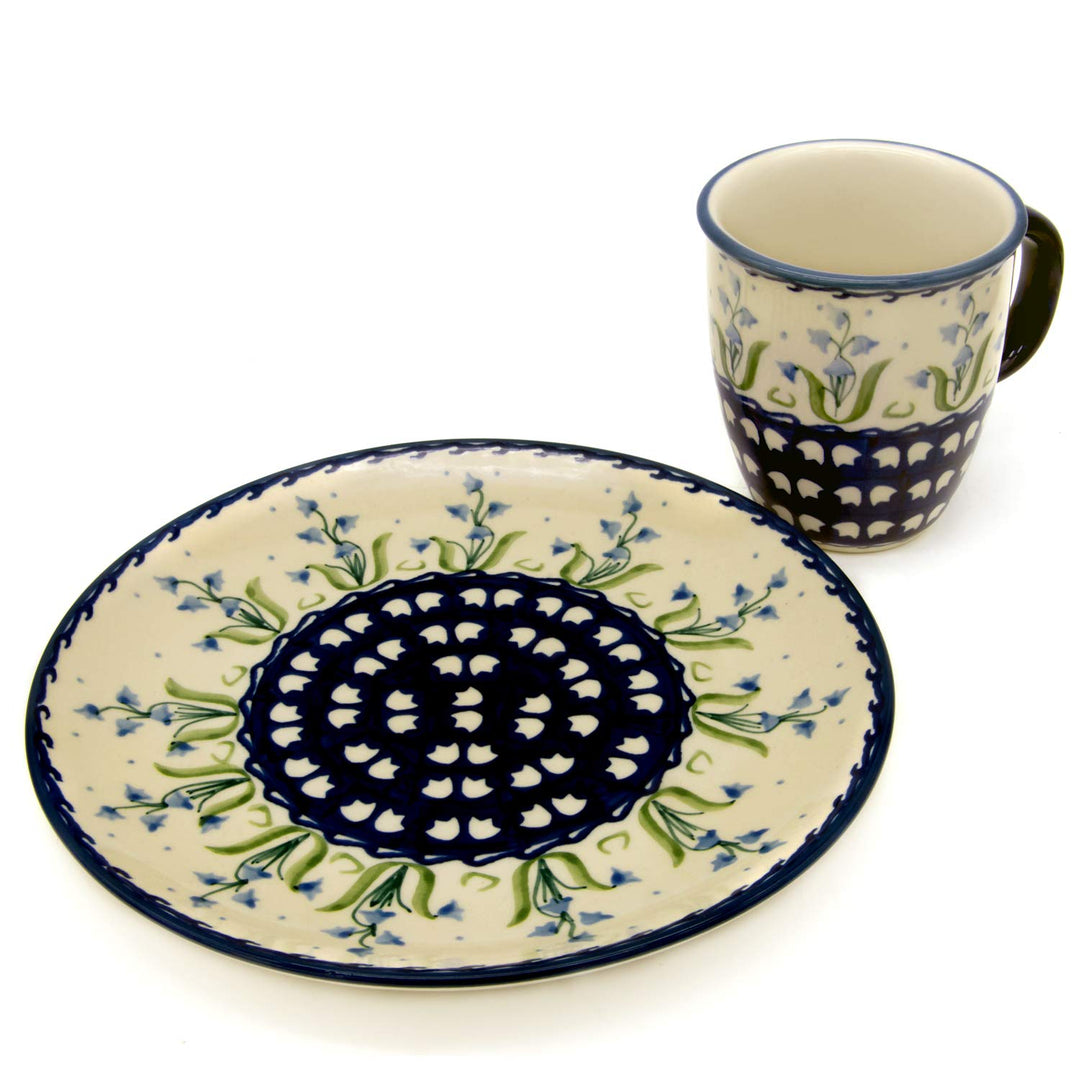 Bunzlauer Frühstücks-Set mit einem Becher 260 ml und einem Teller 21,5 cm (Dekor Campanula, Becher M