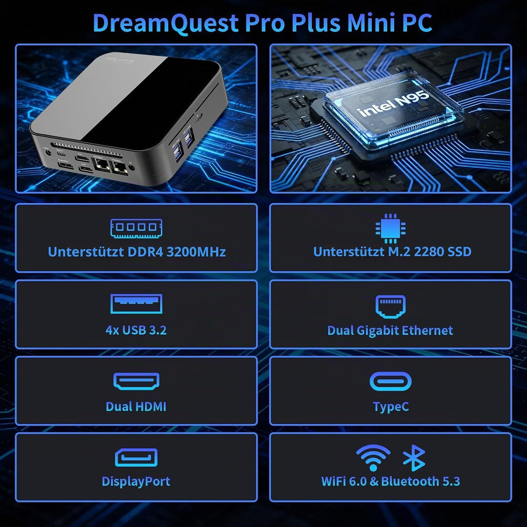 DreamQuest Mini PC Barebone Intel N95 der 12. Generation (bis zu 3,4 GHz), Micro Desktop Computer oh