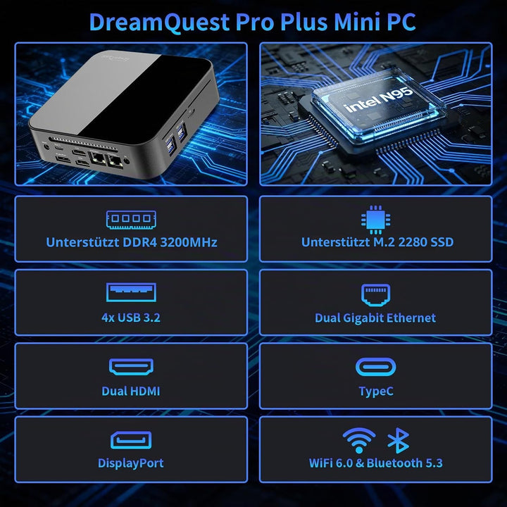 DreamQuest Mini PC Barebone Intel N95 der 12. Generation (bis zu 3,4 GHz), Micro Desktop Computer oh