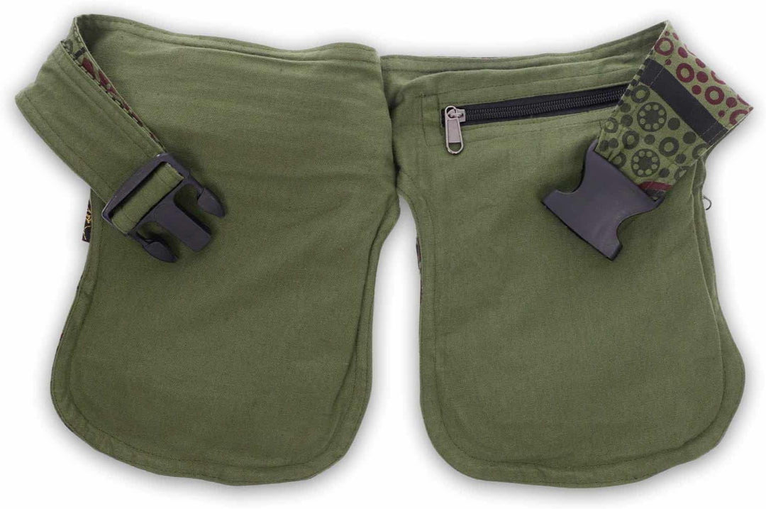 Kunst und Magie Doppel Bauchtasche Sidebag Gürteltasche Festivaltasche Hippie Goa, Farbe:Army Green,
