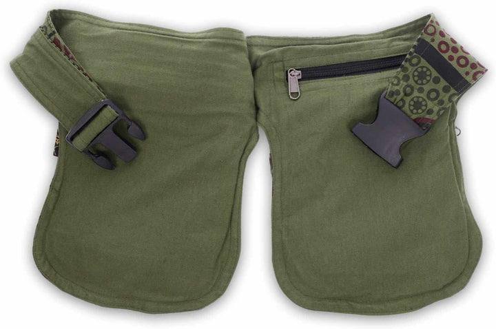 Kunst und Magie Doppel Bauchtasche Sidebag Gürteltasche Festivaltasche Hippie Goa, Farbe:Army Green,