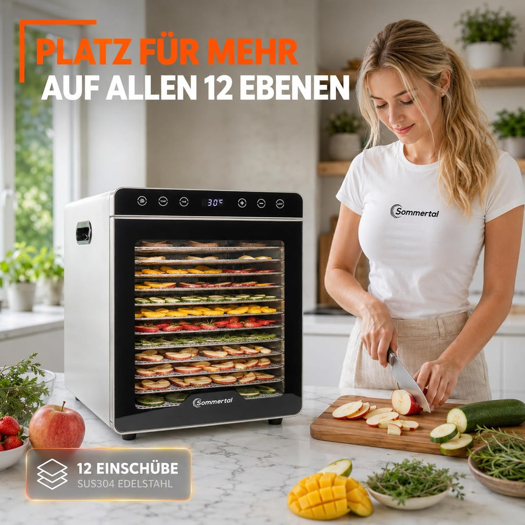 Sommertal Dörrautomat Silence 800 | 12 Edelstahl-Einschübe 800 Watt leise | 24h Timer, 30-85°C, Dehy