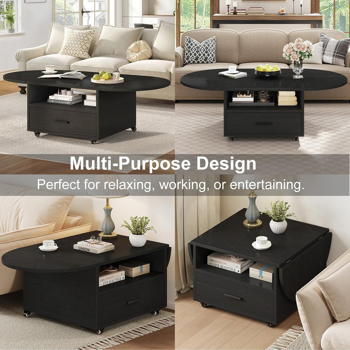 IBF Klappbarer Couchtisch mit Stauraum Holz Oval Wohnzimmer Tisch mit Schublade Modern Ausziehbarer