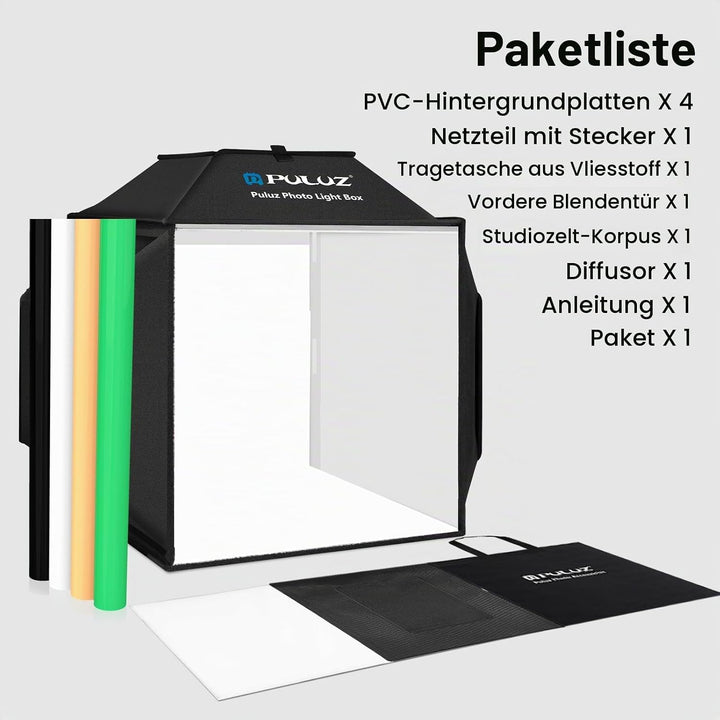 PULUZ 40 cm Fotobox Softbox 40x40cm Fotostudio Lichtzelt mit 5500K Beleuchtung &amp; 4 Farben Hintergrün