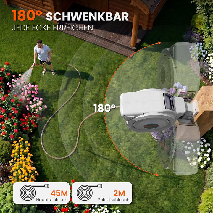 Schlauchtrommel Wasser 45m + 2m, 180° Schwenkbar Wand-Schlauchbox, Automatischer Gartenschlauch trom