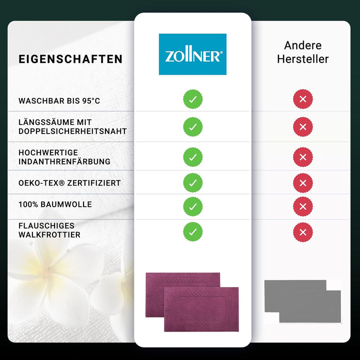 ZOLLNER 2er Set Badematten - weiche und saugstarke Duschvorleger - waschbar bis 95°C - Baumwolle - 5