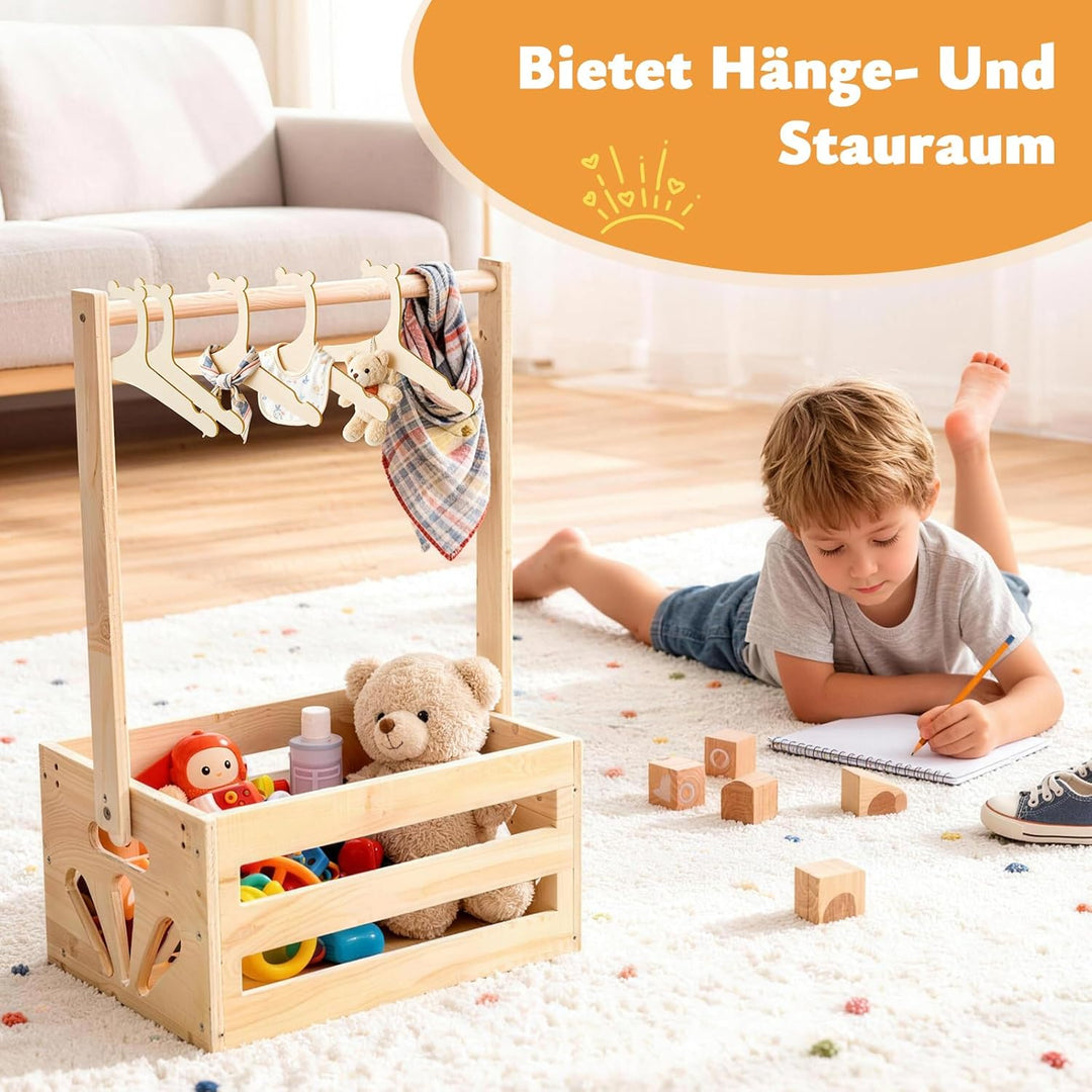 Babyparty Geschenk mit Holz | Praktischer Baby Aufbewahrungskorb mit 6 Holzhaken &amp; Kunstblumengirlan