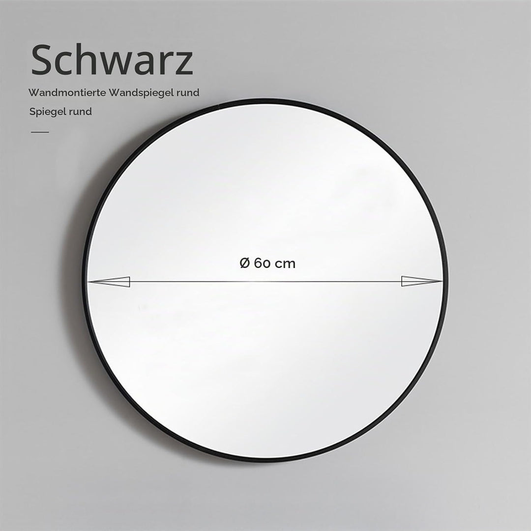60 cm runder Badezimmerm Spiegel mit schwarzem Aluminiumrahmen,Wandmontierter Spiegel,HD-Glas für Ba
