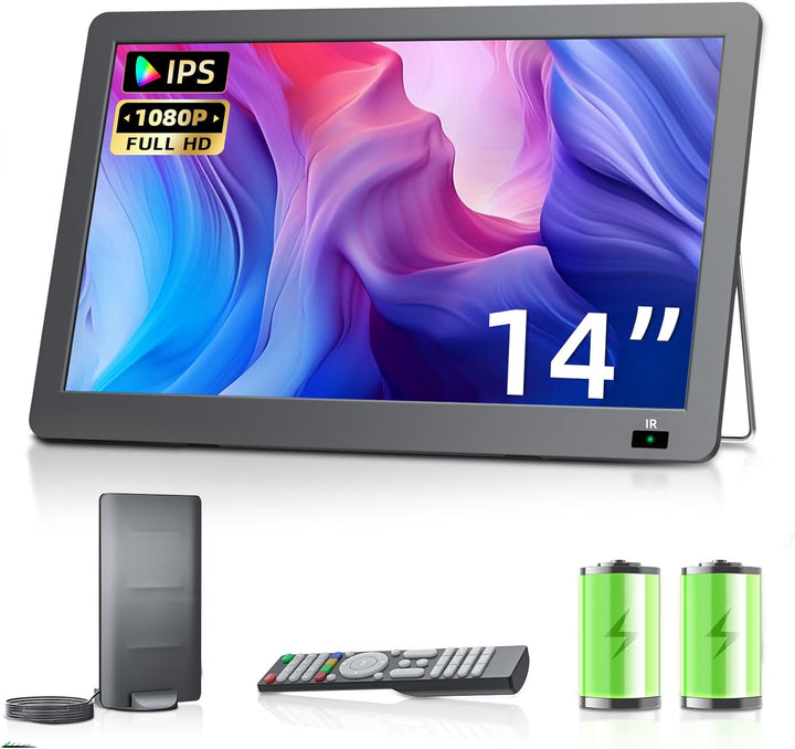 DESOBRY Fernseher 14,2 Zoll Kleiner Fernseher 1080P, Mobiler TV mit DVB-T2 Tuner, USB HDMI AV-Eingan