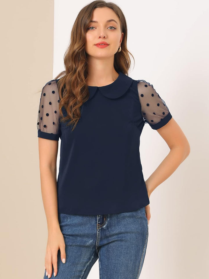 Allegra K Damen Puffärmel Vintage Bubikragen Oberteil Mesh Polka Punkte Top Bluse L Navy Blau, L Nav