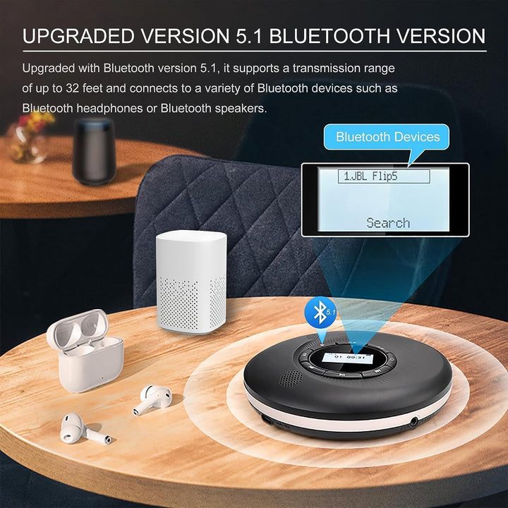Tragbarer CD-Player Bluetooth wiederaufladbarer 1500mAh Auto CD-Player mit Bluetooth und Stereo Dual