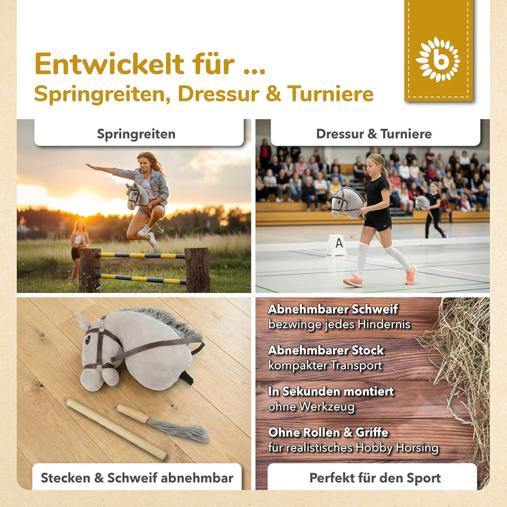 Bieco Hobby Horse Steckenpferd Grauer - Grösse M, mit Trense | Abnehmbarer Stock & Schweif, für Spri