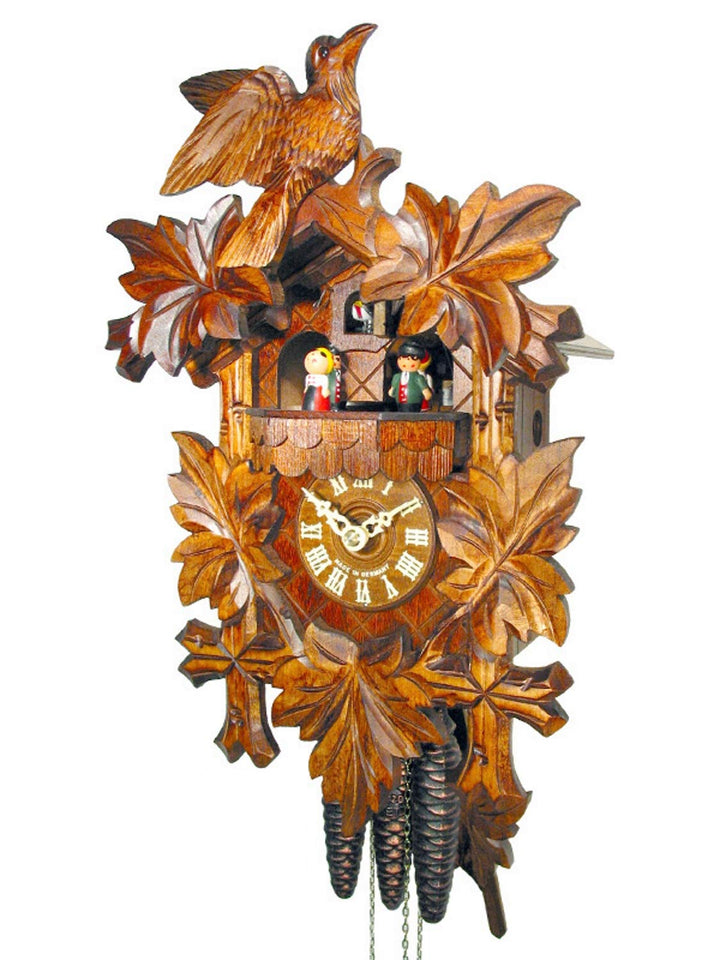 Kuckucksuhr Schwarzwald Kukus-Uhr mechanisch 1-Tag-Werk, 1 Vogel & 5 Ahorn-Blätter Musik Tanz-Figure