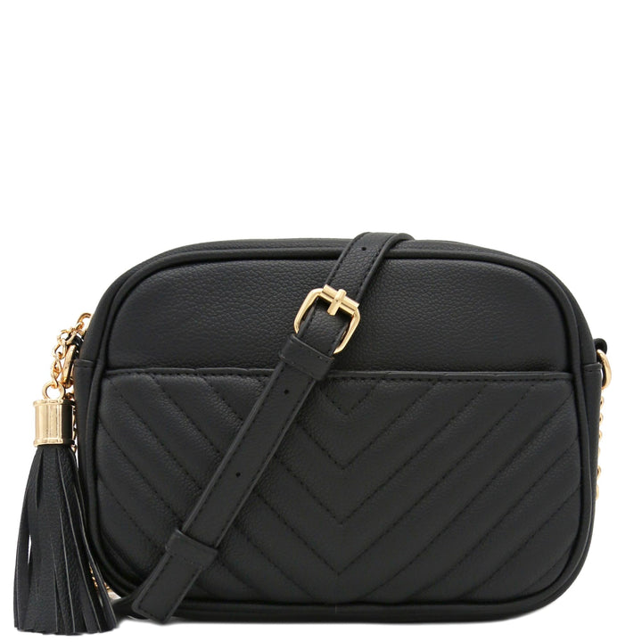 FashionPuzzle Chevron gesteppte Crossbody-Kameratasche mit Kettenriemen und Quaste Schwarz, Schwarz