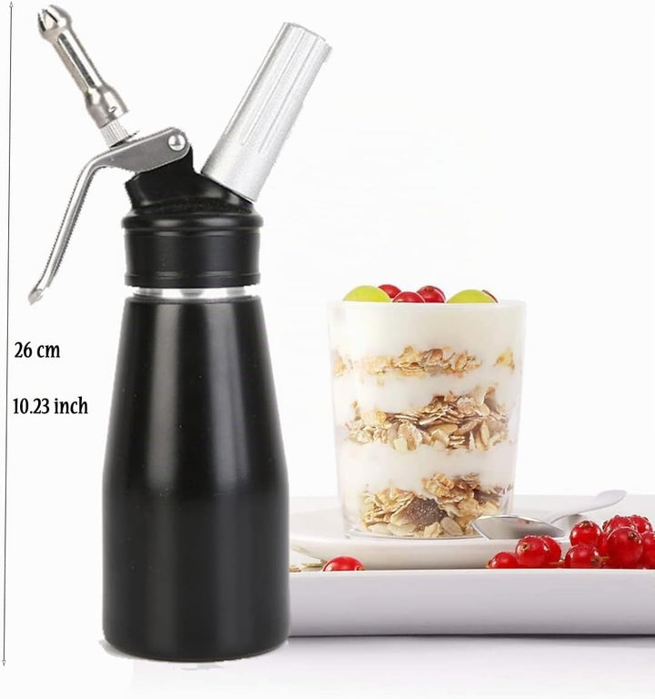 Comforty Sahnespender-Edelstahl 250ML,Edelstahl Sahnesyphon mit 6 Dekorations-Düsen und 1 Reinigungs