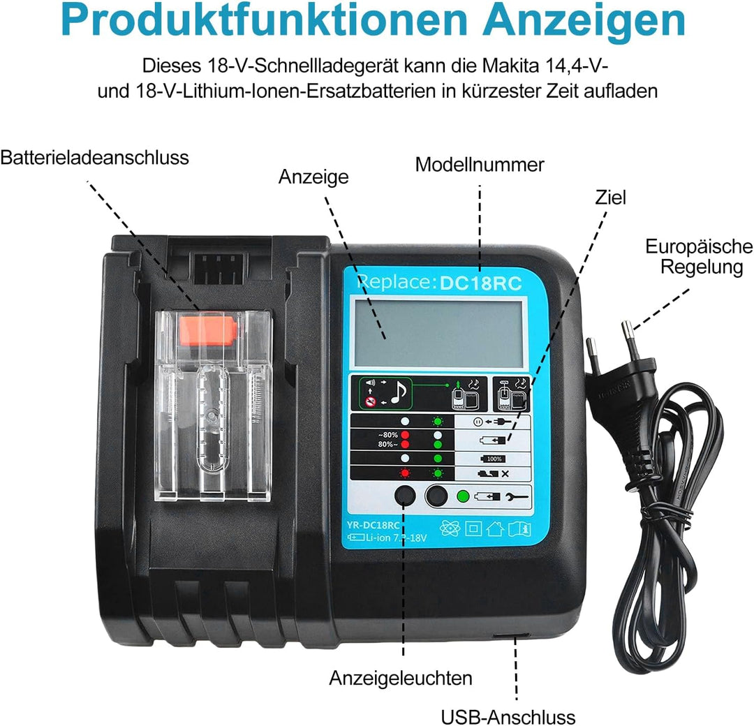 Akku 18v Ladegerät DC18RC Schnellladegerät Kompatibel mit Makita 14,4 Volt und 18 Volt Li-Ion Ersatz