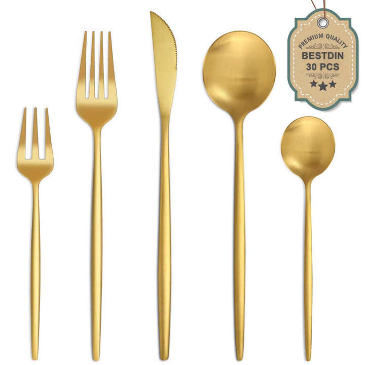 Bestdin Besteck Set 6 Personen, 30 teilig Edelstahl Besteckset Gold Matt, Essbesteck Set mit Messer
