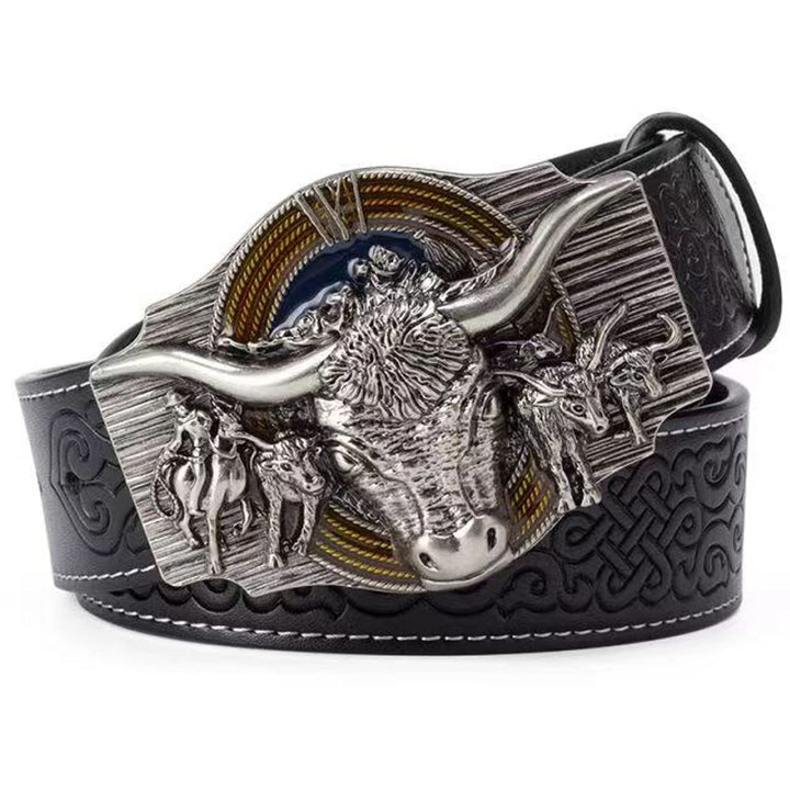 WRJAHCG Gürtel Western für Cowboy, Vintage Long Horn Bull Rodeo Western Cowboy Gürtel,Silver black,1