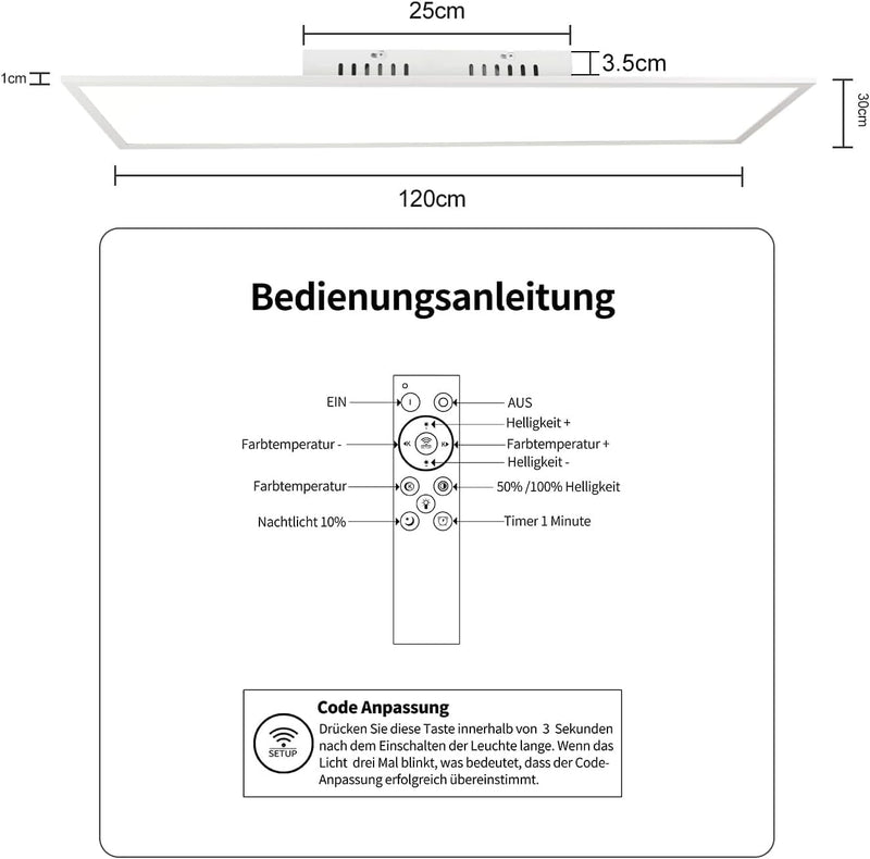 CBJKTX LED Deckenleuchte Dimmbar Panel Deckenlampe 120x30 cm mit Fernbedienung 48W Deckenpanel Wohnz