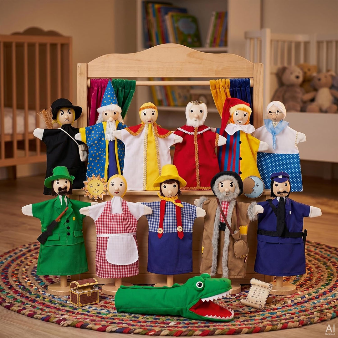 goki SO450 - Handpuppenset - liebevoll gestaltet aus Holz und Stoff - 12 Puppen