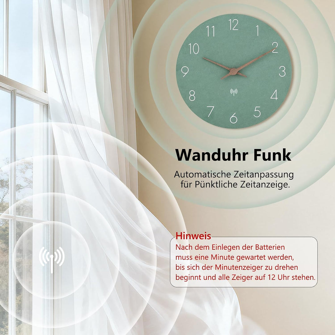 Wand Funkuhr MDF Holz Wanduhr Ohne TickgeräUsche Lautlos 30cm Quarz Batterie Gross Wanduhren Einfach
