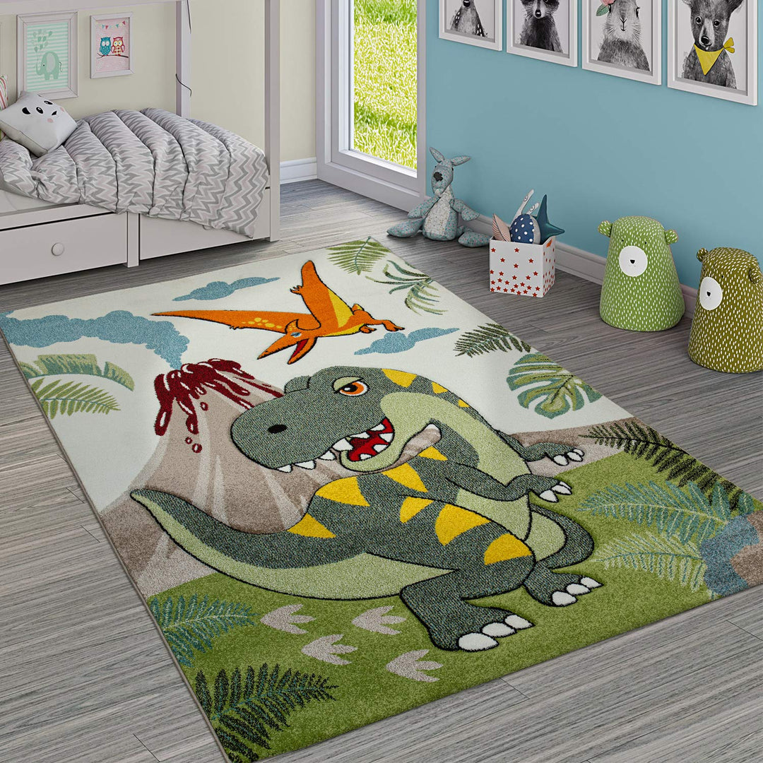 Paco Home Kinderzimmer Teppich Grün Dinosaurier Dschungel Vulkan 3-D Effekt Kurzflor, Grösse:Ø 120 c