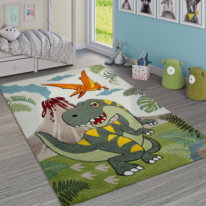Paco Home Kinderzimmer Teppich Grün Dinosaurier Dschungel Vulkan 3-D Effekt Kurzflor, Grösse:Ø 120 c