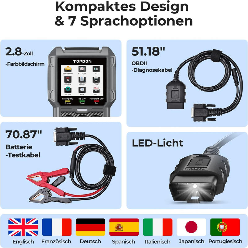 TOPDON ArtiLink500B OBD2 Diagnosegerät Auto und Batterietester 2-in-1, Universal KFZ-Fehlercode-Lese