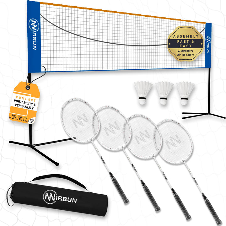 Badminton-Set für 4 Spieler mit Netz | Professionelle Schläger + 3 Federbälle + Tragetasche | Robust