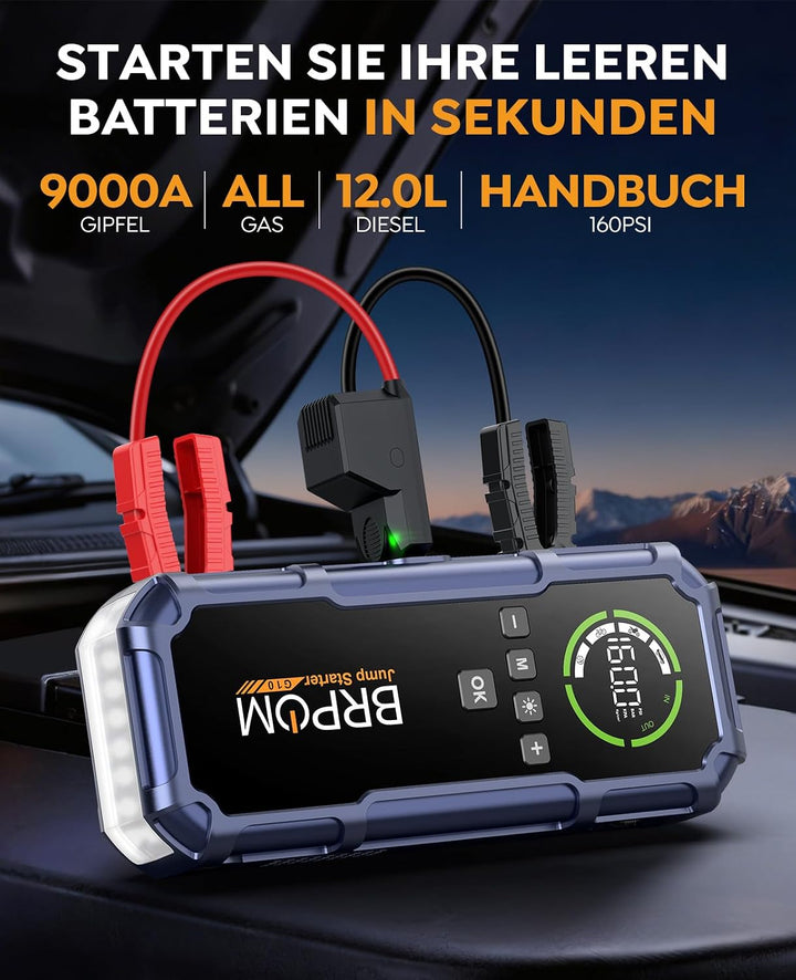BRPOM Starthilfe Powerbank für Pkw mit Kompressor 160PSI,8000A Auto Starthilfe Powerbank für All Ben