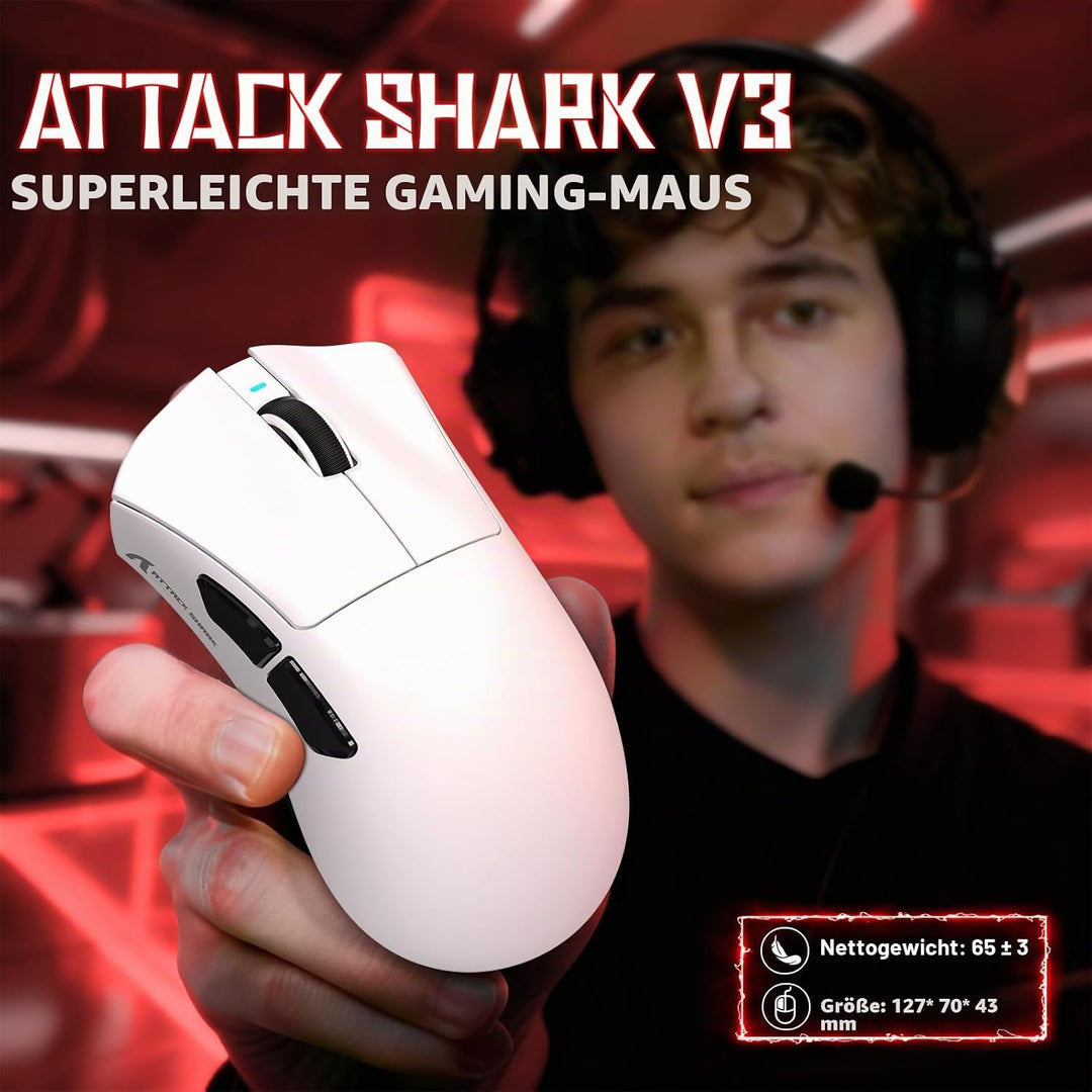 ATTACK SHARK V3 Kabellose Gaming-Maus, 65g Ultraleicht, Optischer Sensor PAW3311 mit 25K DPI, 1K Pol