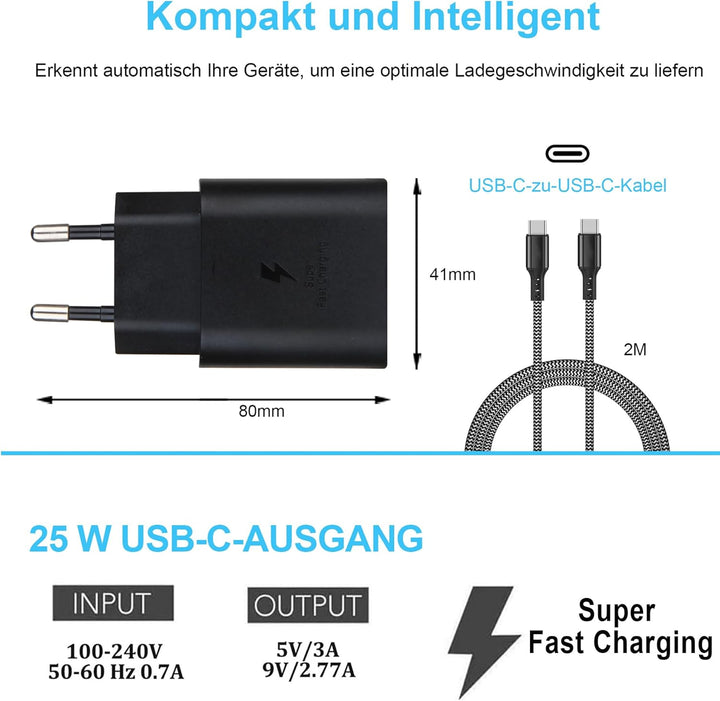 2-Pack Schnellladegerät für Samsung 25W Ladegerät, Typ C Nylon Ladekabel 2M für Samsung Galaxy S23 S
