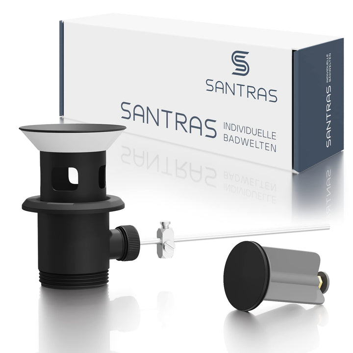 SANTRAS® Exzenter Ablaufgarnitur PREMIUM für Waschtisch mit Schutz vor Überlauf in Scharz Matt – Kom