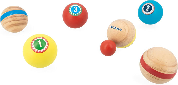 Janod - Pétanque-Spiel für Kinder Applepop - Geschicklichkeitsspiel - 6 Pétanque-Kugeln + 1 Zielkuge