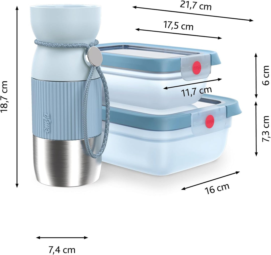 EMSA beYou Office-Set, 100% Dicht, oneClick Frischhaltedose 0,5 L, 1,2 L, beYou Cup Mug 0,36 L, Blau