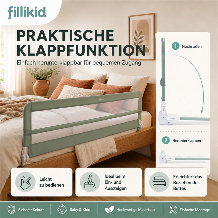 Fillikid Bettgitter Lina XL 180 x 50 cm Exklusiv | Rausfallschutz für Kinderbett & Boxspringbett | K