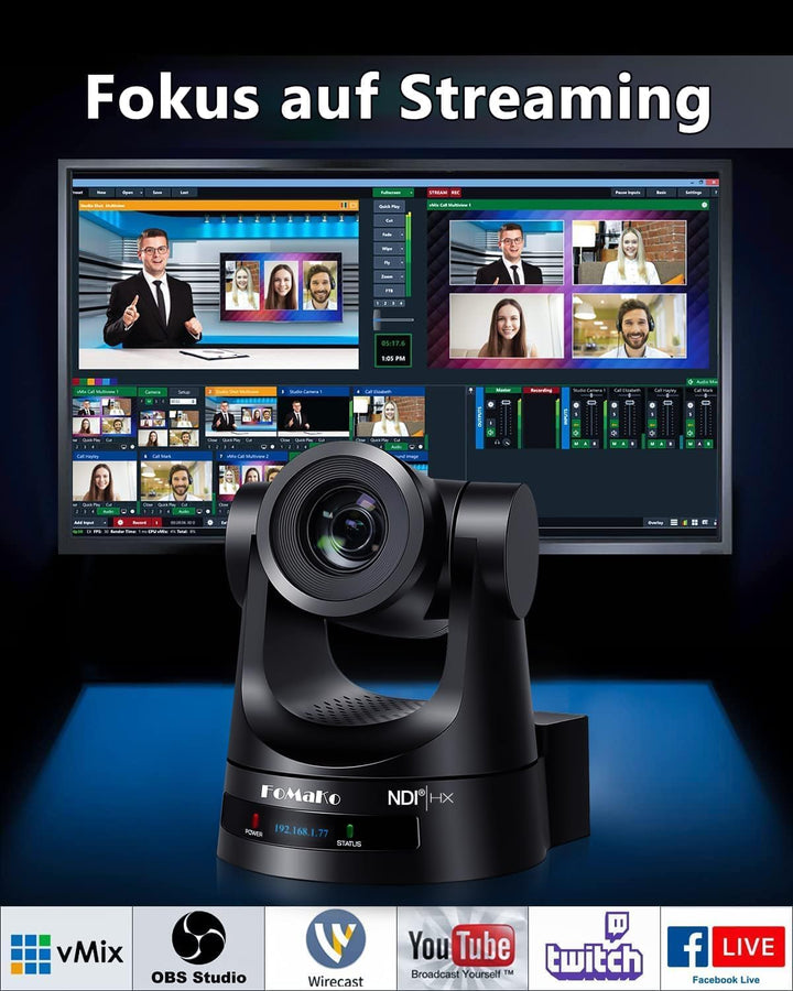 FoMaKo NDI PTZ Kamera Set KI-Auto-Tracking 30x Zoom 1080@60 mit 3G-SDI/HDMI/IP PoE, für YouTube OBS