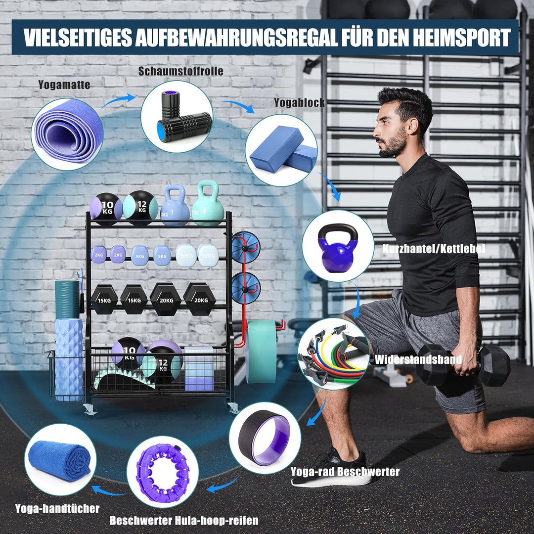 Hantelständer - ZACHVO Yoga Matte Hantelablage - Dumbbells Regal für Home Gym mit 4 Rädern und 8 Hak
