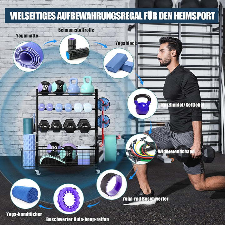 Hantelständer - ZACHVO Yoga Matte Hantelablage - Dumbbells Regal für Home Gym mit 4 Rädern und 8 Hak