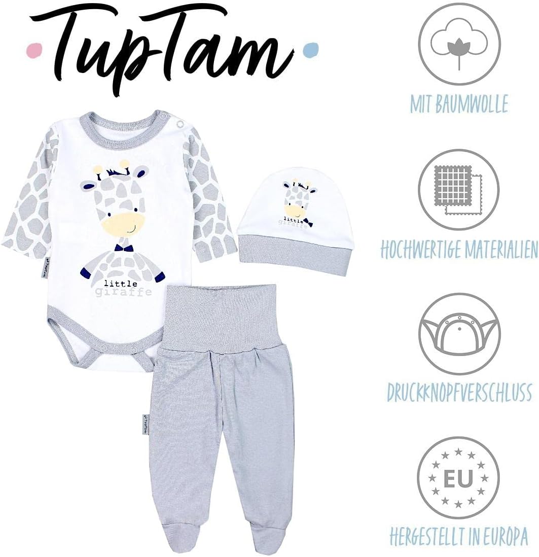 TupTam Baby Mädchen Jungen Bekleidungsset Langarmbody Hose Mütze mit Aufdruck Spruch 3 teilig 50 Gir