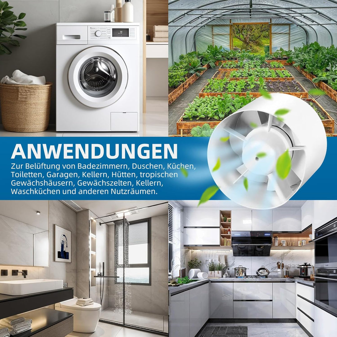 Rohrventilator, Rohrventilator 100mm, 130m³/h, 34dB Leise, Hohe Qualität Abluftventilator, Rohrlüfte
