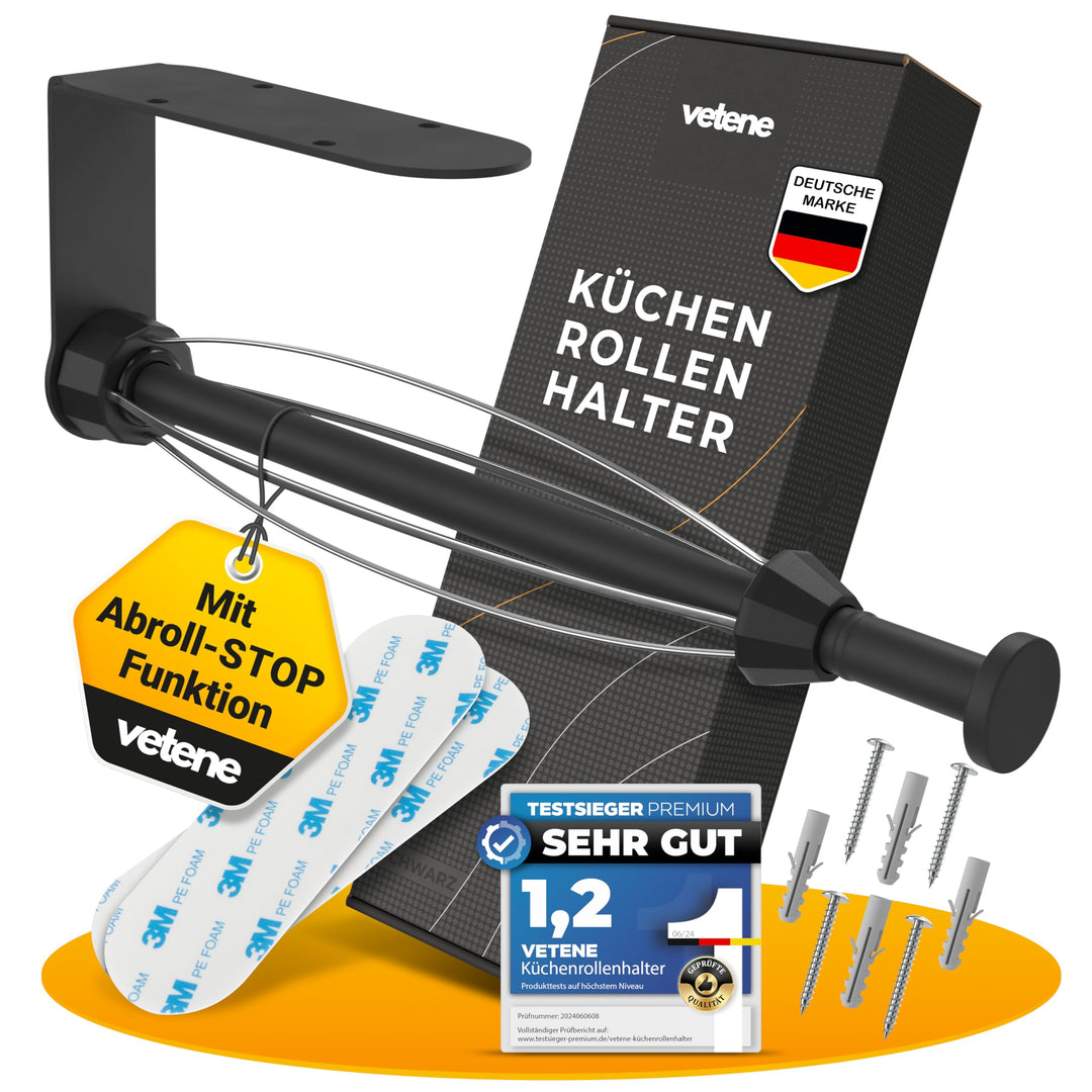 vetene® Küchenrollenhalter ohne Bohren [Einhändig Abreissen] – Edelstahl Schwarz – mit Abroll-Stop –