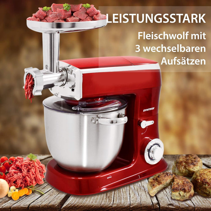 Syntrox Germany Küchenmaschine Knetmaschine Mixer 1500 Watt mit Fleischwolf, Edelstahl-Behälter 7,5